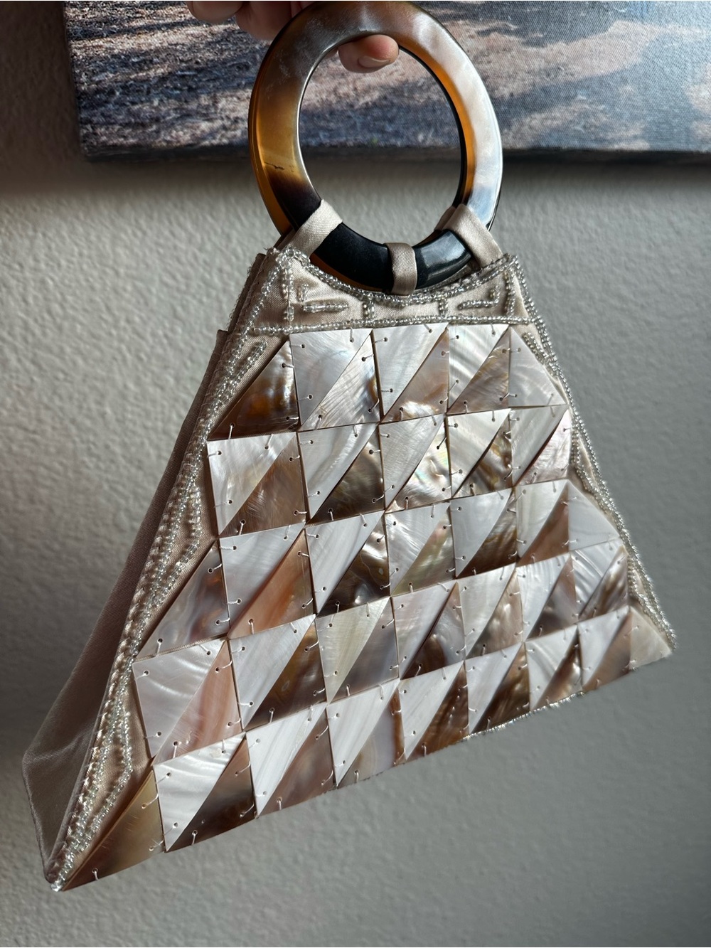 Mad by Design Mother of Pearl Shell Mosaic Evening Bag Lucite Tortoise Handle